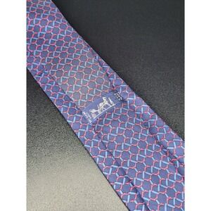 Hermes Silk Necktie Blue Red Geometric Chain Link 7090 OA France